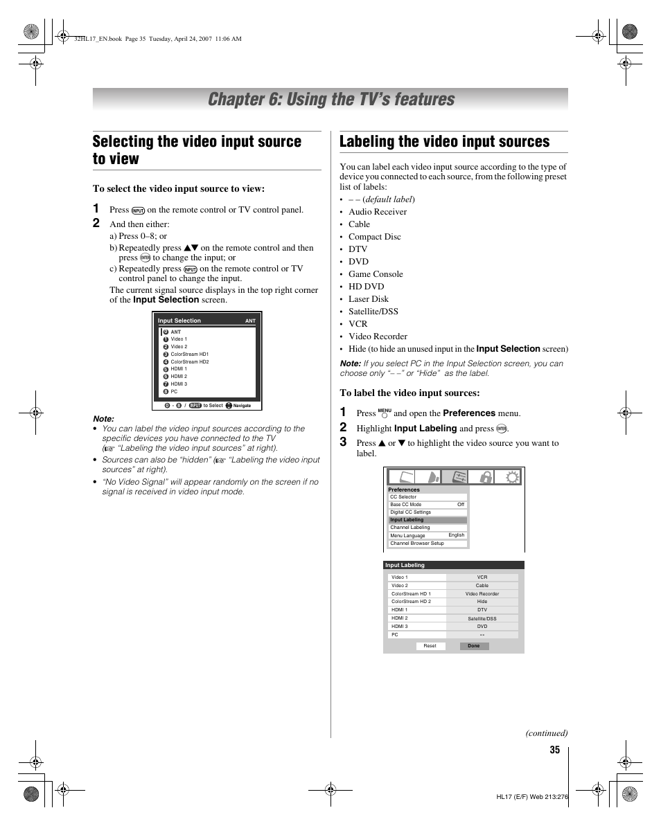 Chapter 6: using the tv’s features, Selecting the video input source to view, Labeling the video input sources | Toshiba 32HL17 User Manual | Page 35 / 70