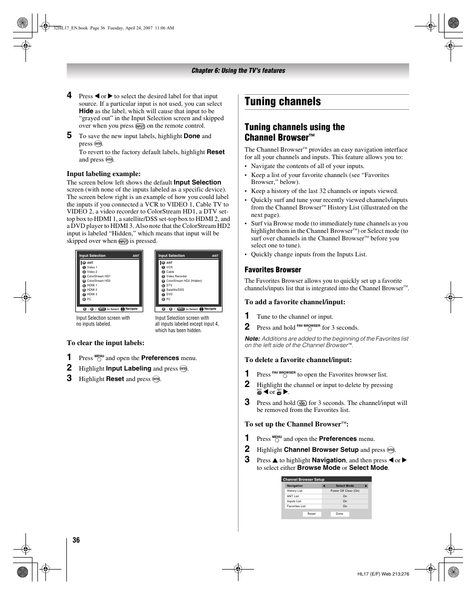 Tuning channels, Tuning channels using the channel browser, Favorites browser | Input labeling example | Toshiba 32HL17 User Manual | Page 36 / 70