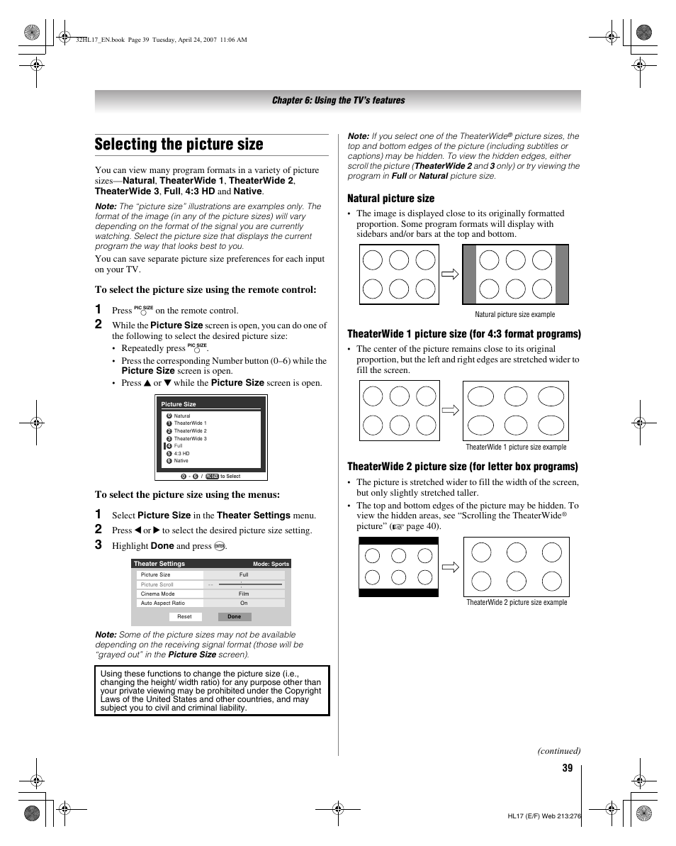 Selecting the picture size, Natural picture size | Toshiba 32HL17 User Manual | Page 39 / 70