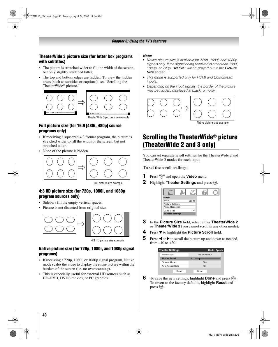 Scrolling the theaterwide, Picture (theaterwide 2 and 3 only) | Toshiba 32HL17 User Manual | Page 40 / 70