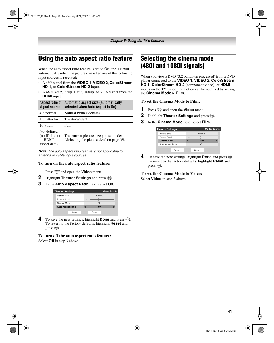 Using the auto aspect ratio feature | Toshiba 32HL17 User Manual | Page 41 / 70