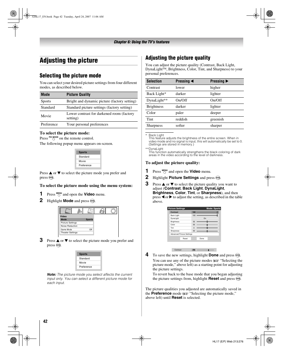 Adjusting the picture, Selecting the picture mode, Adjusting the picture quality | Toshiba 32HL17 User Manual | Page 42 / 70