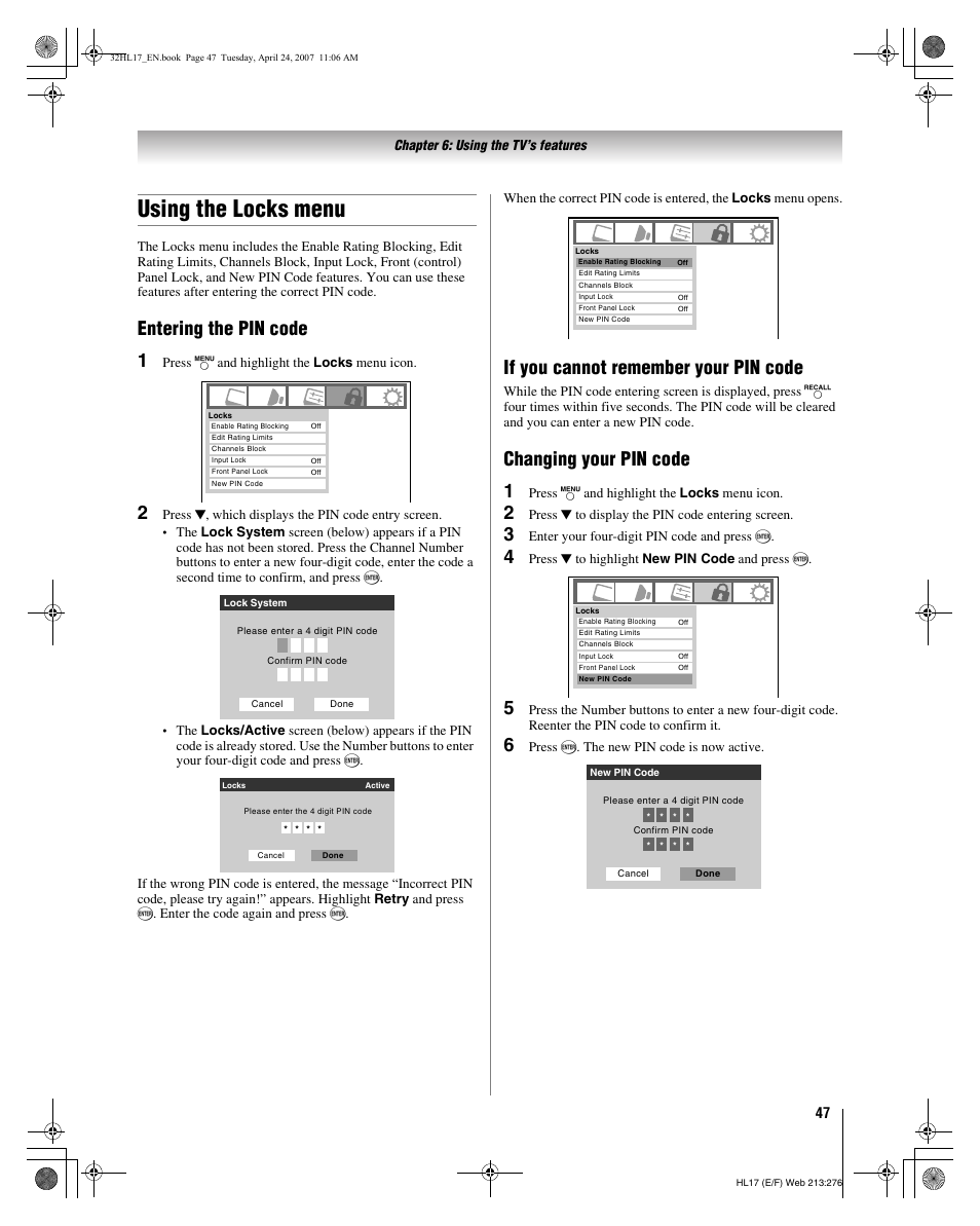 Using the locks menu, Entering the pin code 1, If you cannot remember your pin code | Changing your pin code 1 | Toshiba 32HL17 User Manual | Page 47 / 70