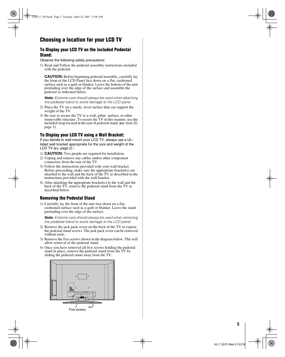 Choosing a location for your lcd tv | Toshiba 32HL17 User Manual | Page 5 / 70