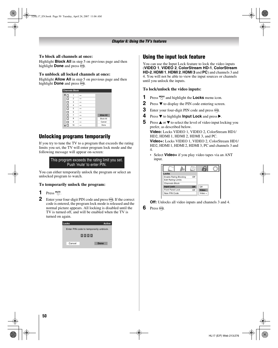 Unlocking programs temporarily, Using the input lock feature | Toshiba 32HL17 User Manual | Page 50 / 70