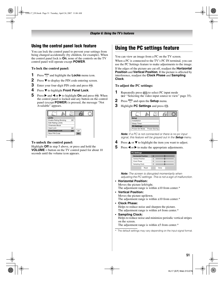 Using the pc settings feature, Using the control panel lock feature | Toshiba 32HL17 User Manual | Page 51 / 70
