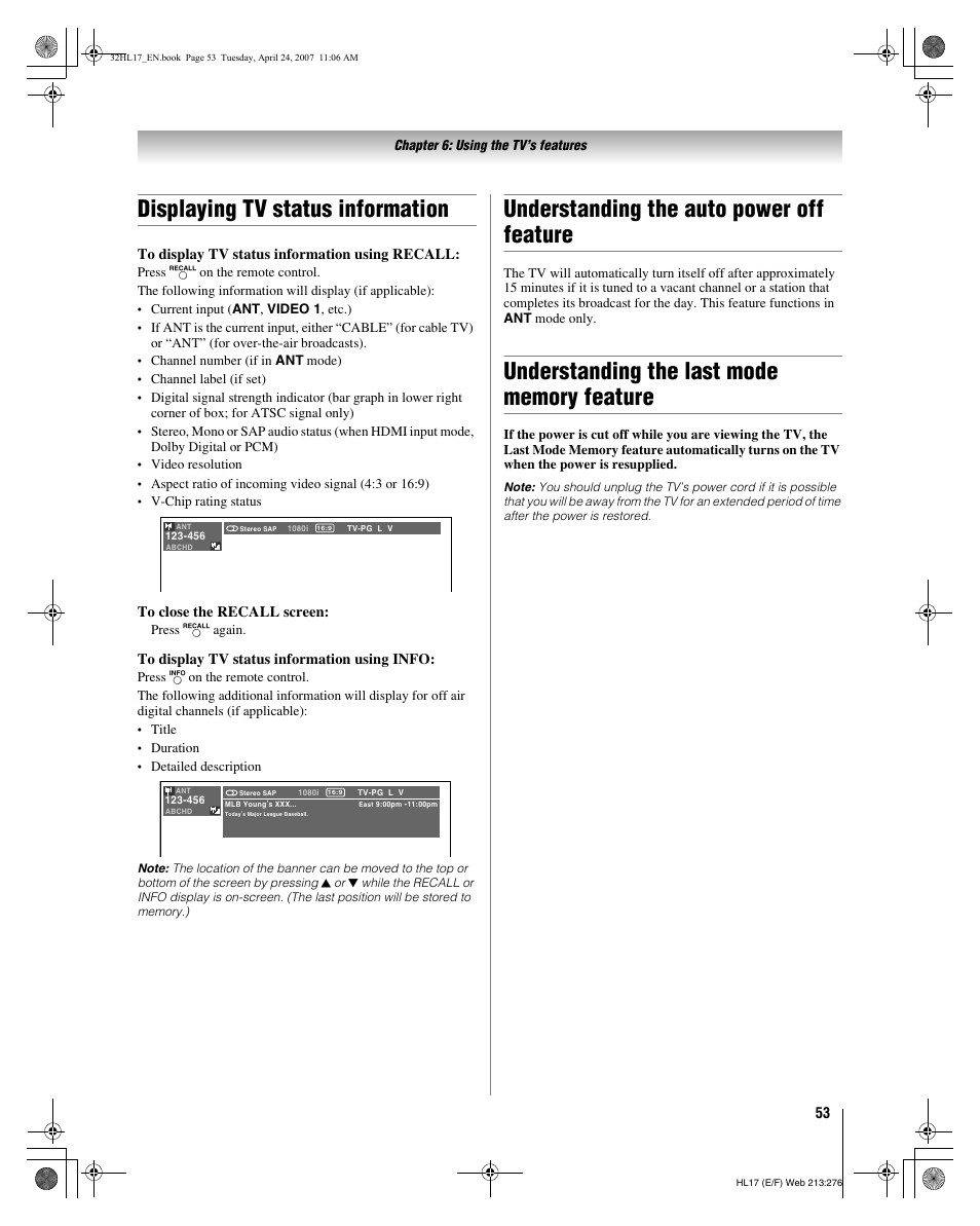 Displaying tv status information, Understanding the auto power off feature | Toshiba 32HL17 User Manual | Page 53 / 70