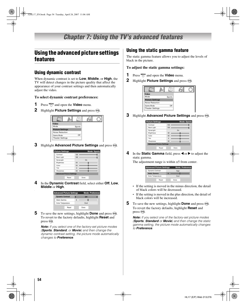 Chapter 7: using the tv’s advanced features, Using the advanced picture settings features, Using dynamic contrast | Using the static gamma feature | Toshiba 32HL17 User Manual | Page 54 / 70
