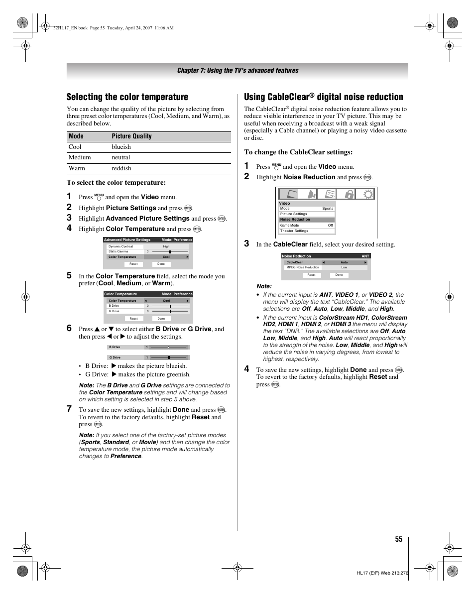 Selecting the color temperature, Using cableclear, Digital noise reduction | Toshiba 32HL17 User Manual | Page 55 / 70