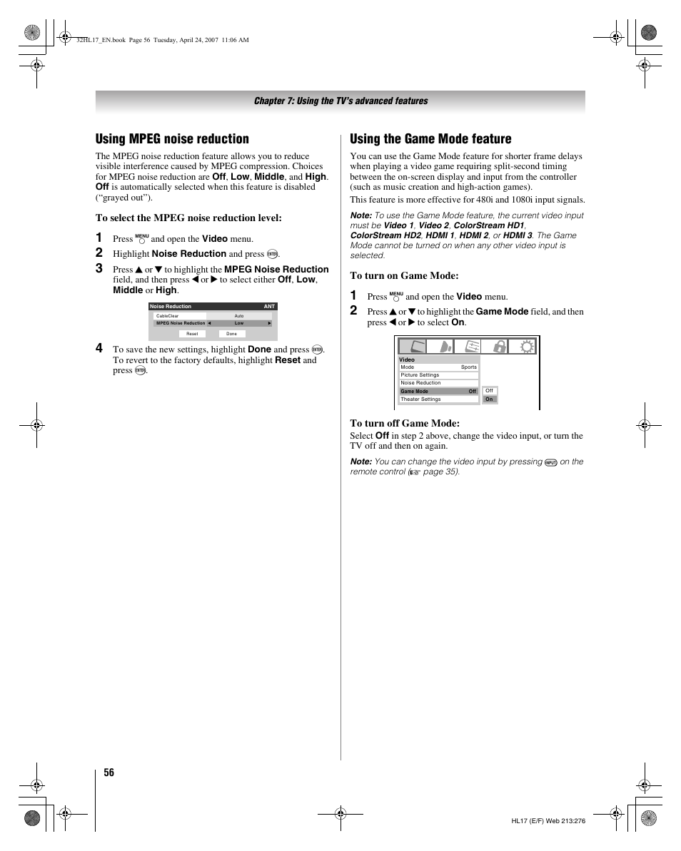 Using mpeg noise reduction, Using the game mode feature | Toshiba 32HL17 User Manual | Page 56 / 70
