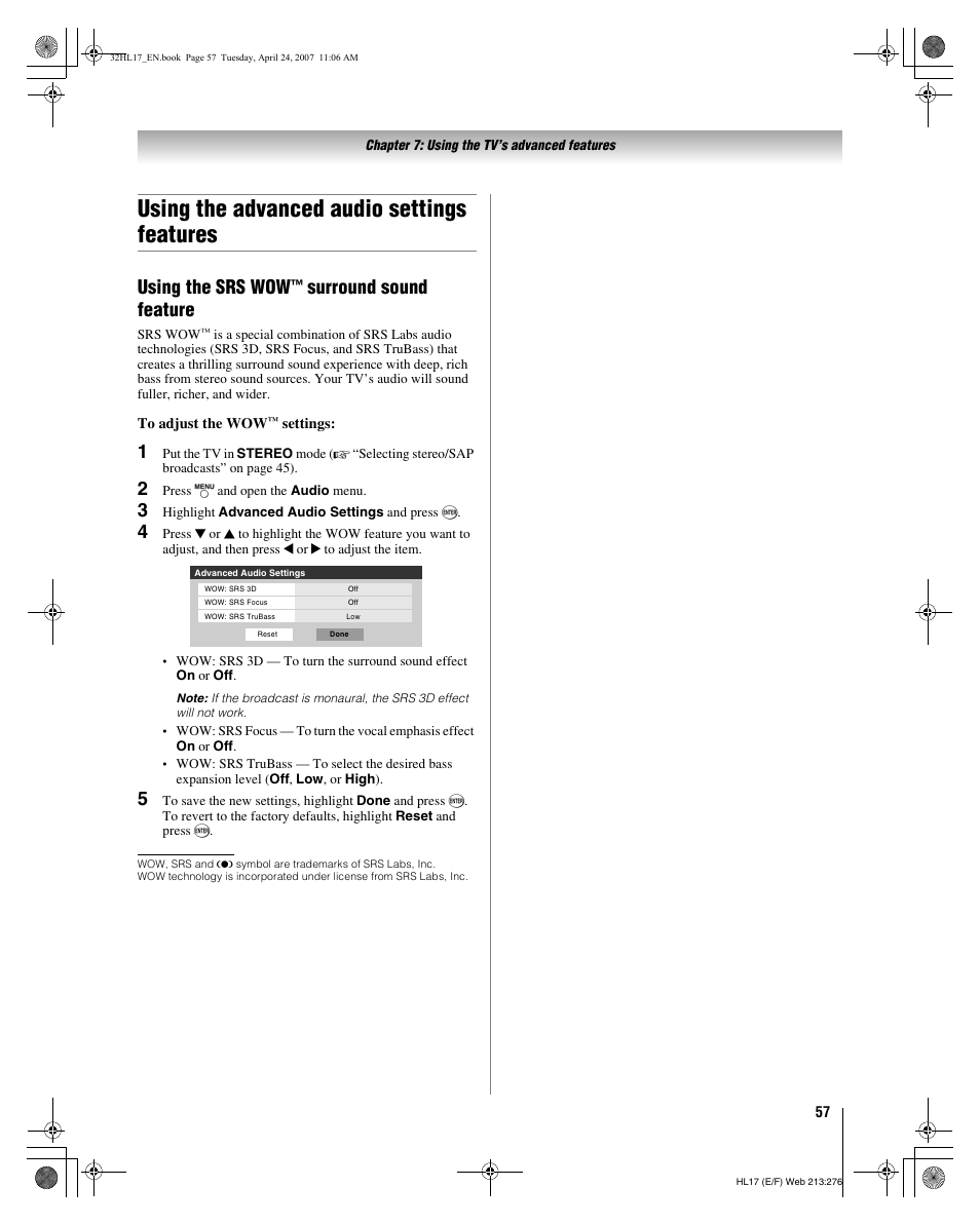 Using the advanced audio settings features, Using the srs wow, Surround sound feature | Toshiba 32HL17 User Manual | Page 57 / 70