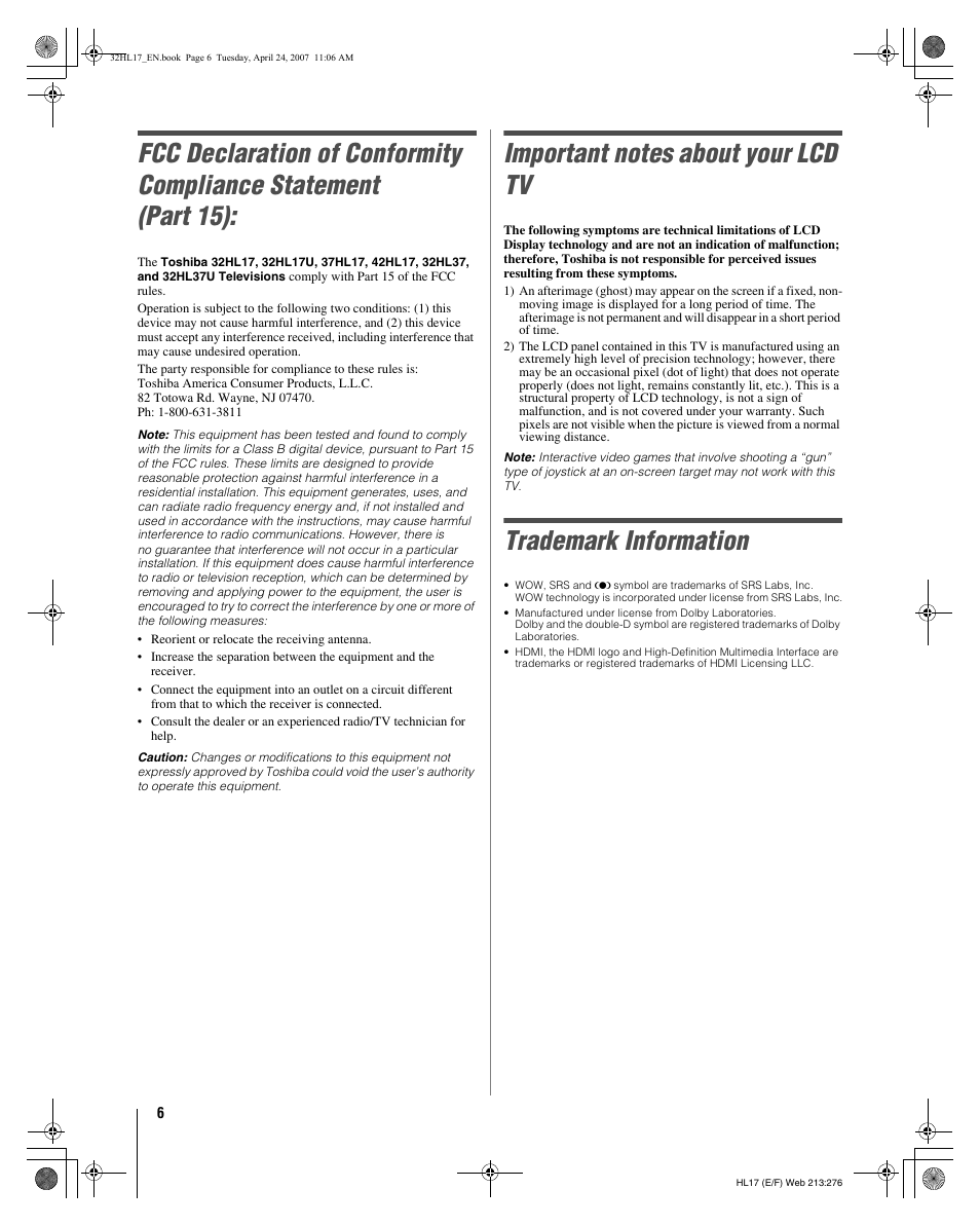 Trademark information | Toshiba 32HL17 User Manual | Page 6 / 70