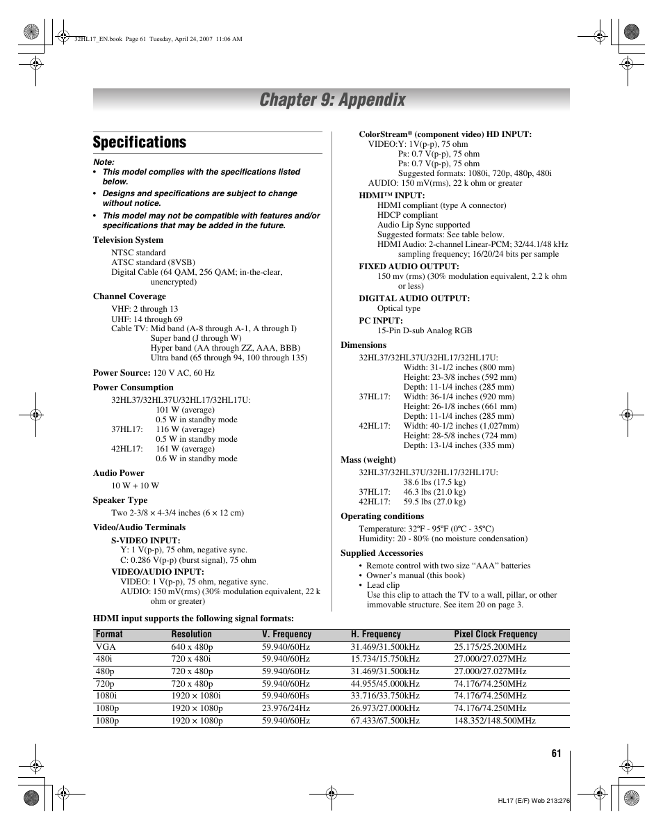 Chapter 9: appendix, Specifications | Toshiba 32HL17 User Manual | Page 61 / 70