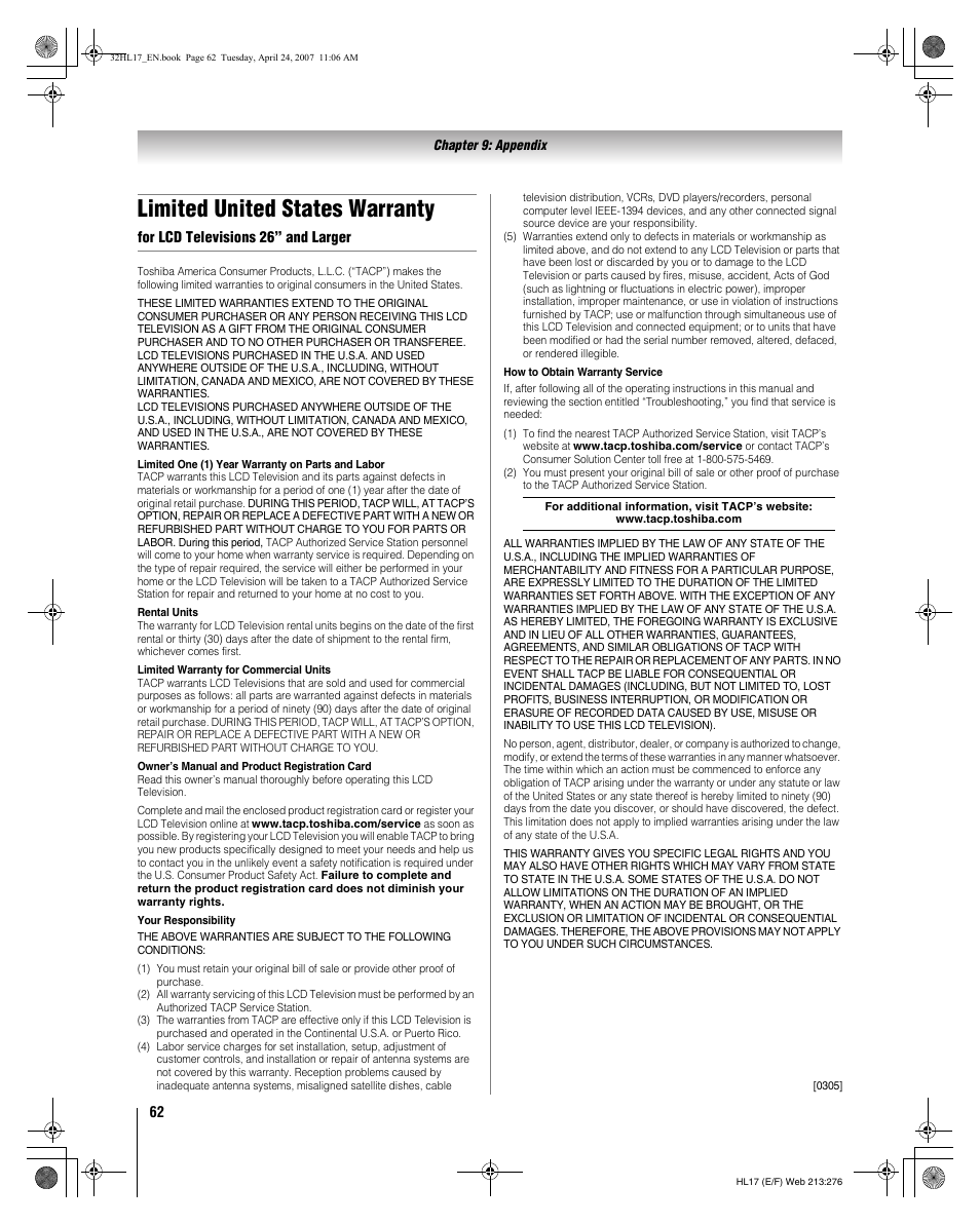 Limited united states warranty | Toshiba 32HL17 User Manual | Page 62 / 70