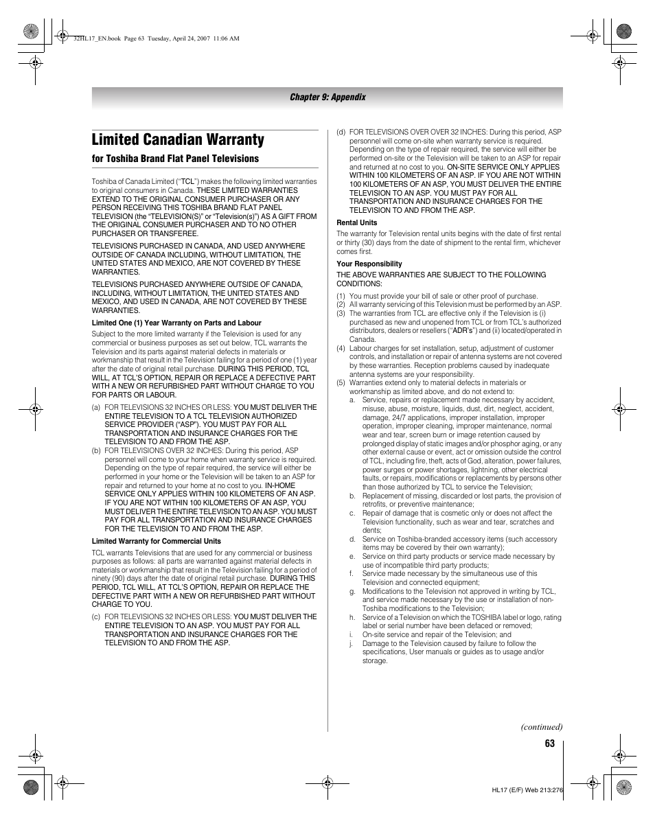 Limited canadian warranty | Toshiba 32HL17 User Manual | Page 63 / 70