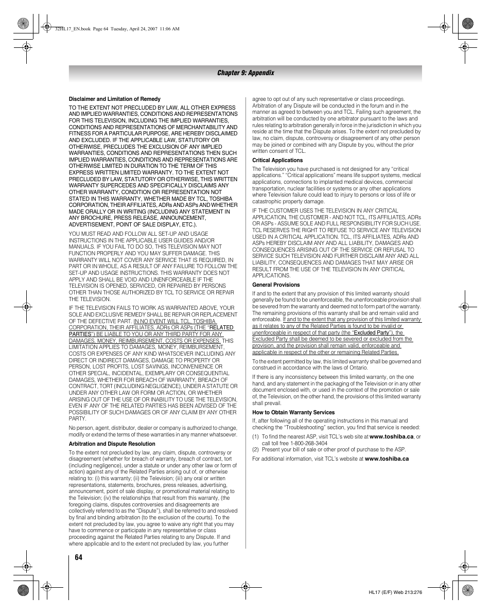 Toshiba 32HL17 User Manual | Page 64 / 70