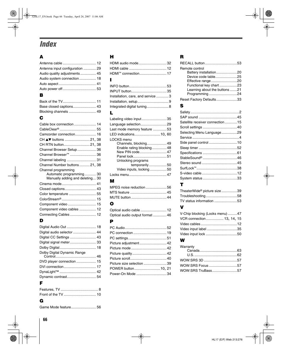 Index | Toshiba 32HL17 User Manual | Page 66 / 70