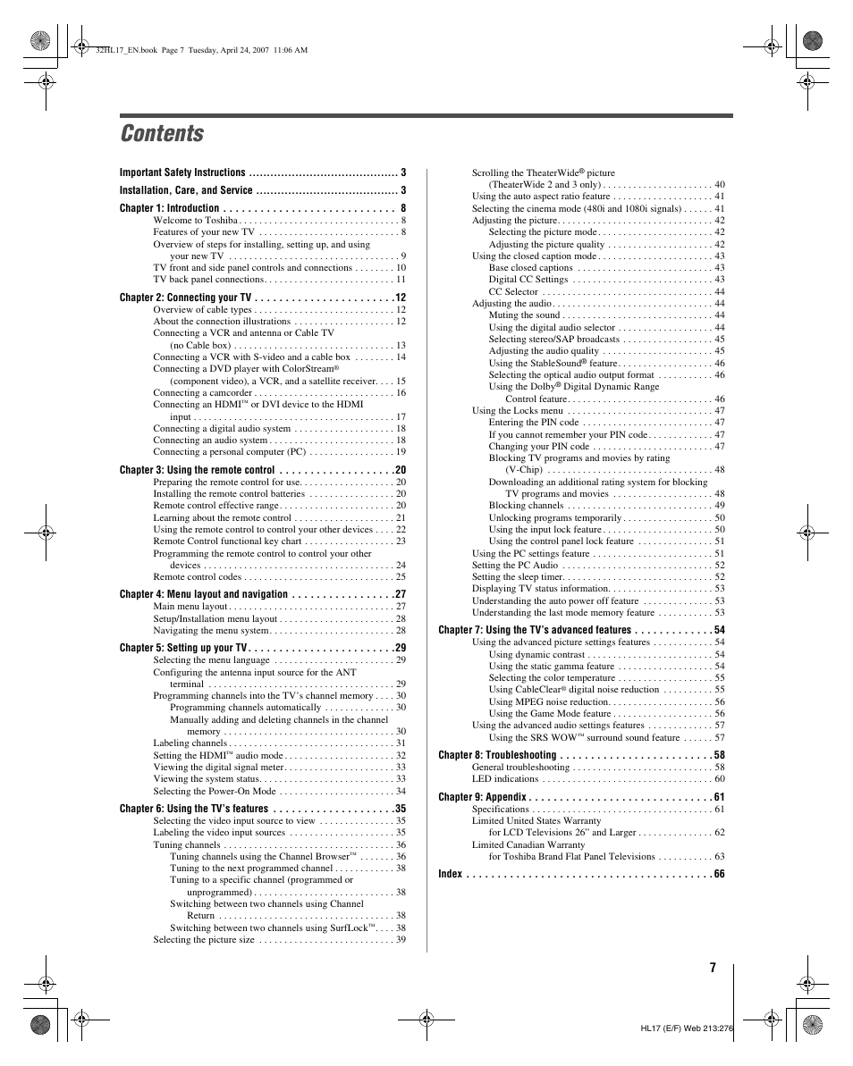 Toshiba 32HL17 User Manual | Page 7 / 70