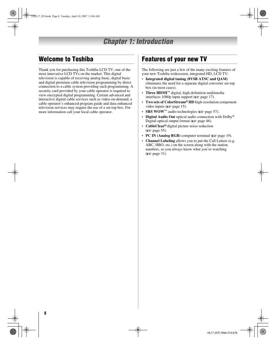 Chapter 1: introduction, Welcome to toshiba, Features of your new tv | Toshiba 32HL17 User Manual | Page 8 / 70