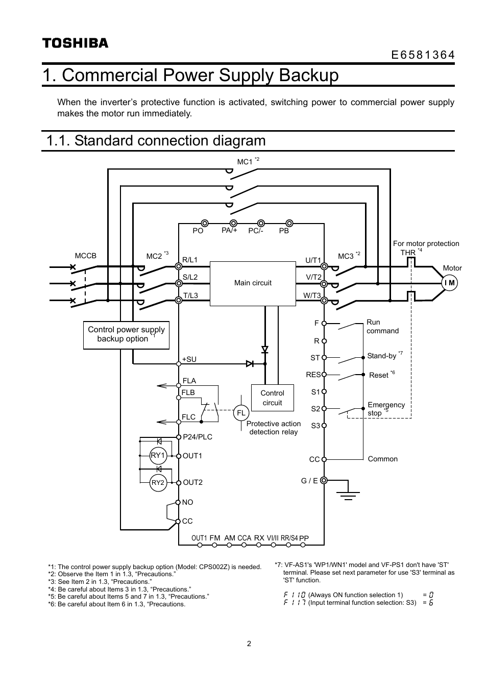 Commercial power supply backup, Standard connection diagram | Toshiba VF-AS1 User Manual | Page 3 / 10