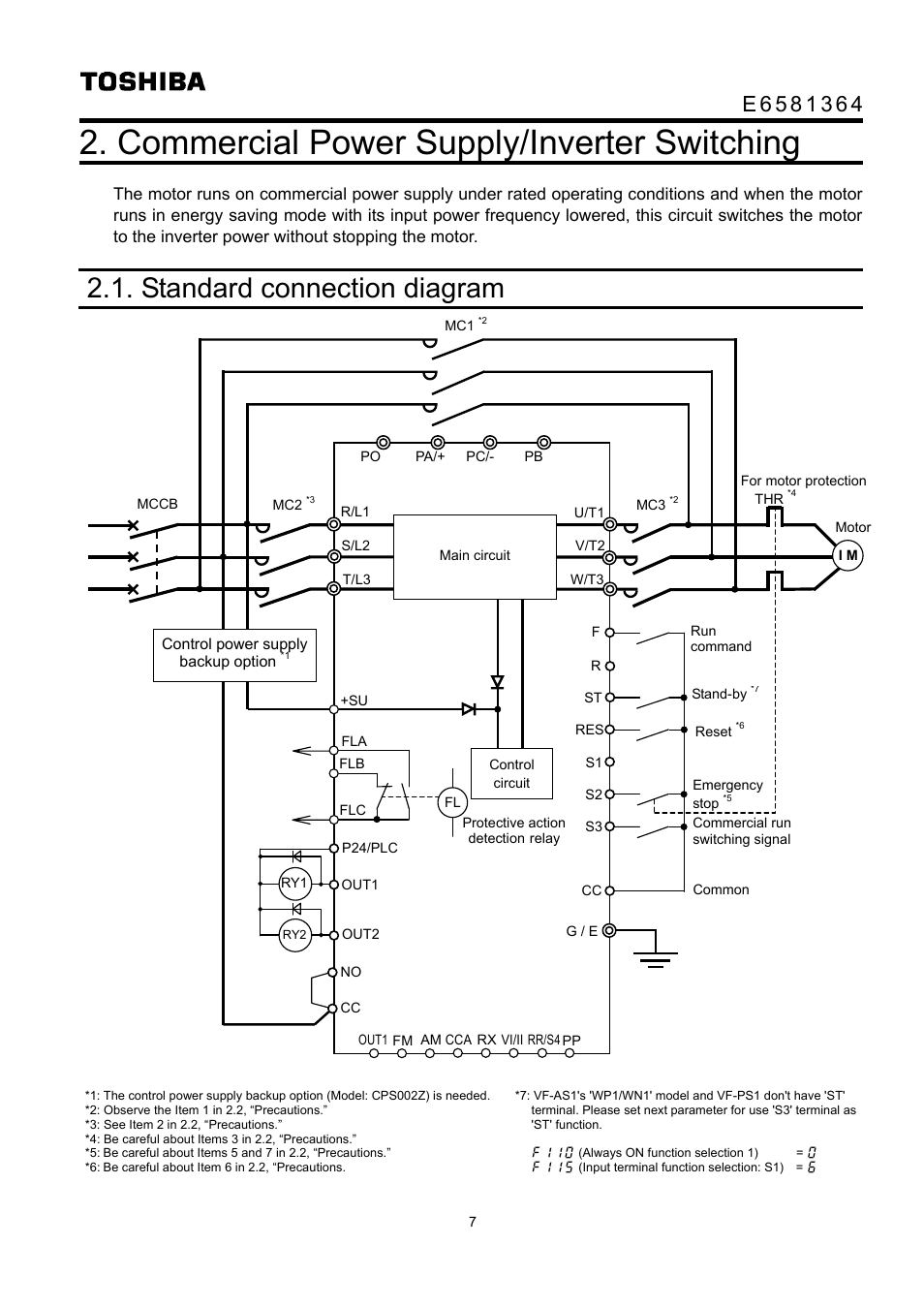 Commercial power supply/inverter switching, Standard connection diagram | Toshiba VF-AS1 User Manual | Page 8 / 10
