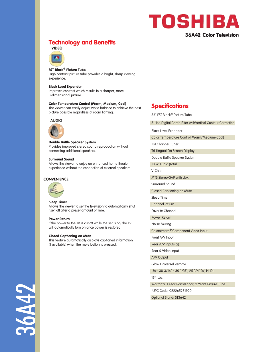 36a42, Technology and benefits, Specifications | 36a42 color television | Toshiba 36A42 User Manual | Page 2 / 2
