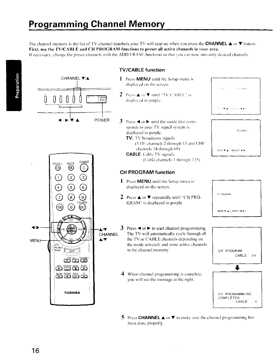 Programming channel memory | Toshiba CZ 36T31 User Manual | Page 16 / 36