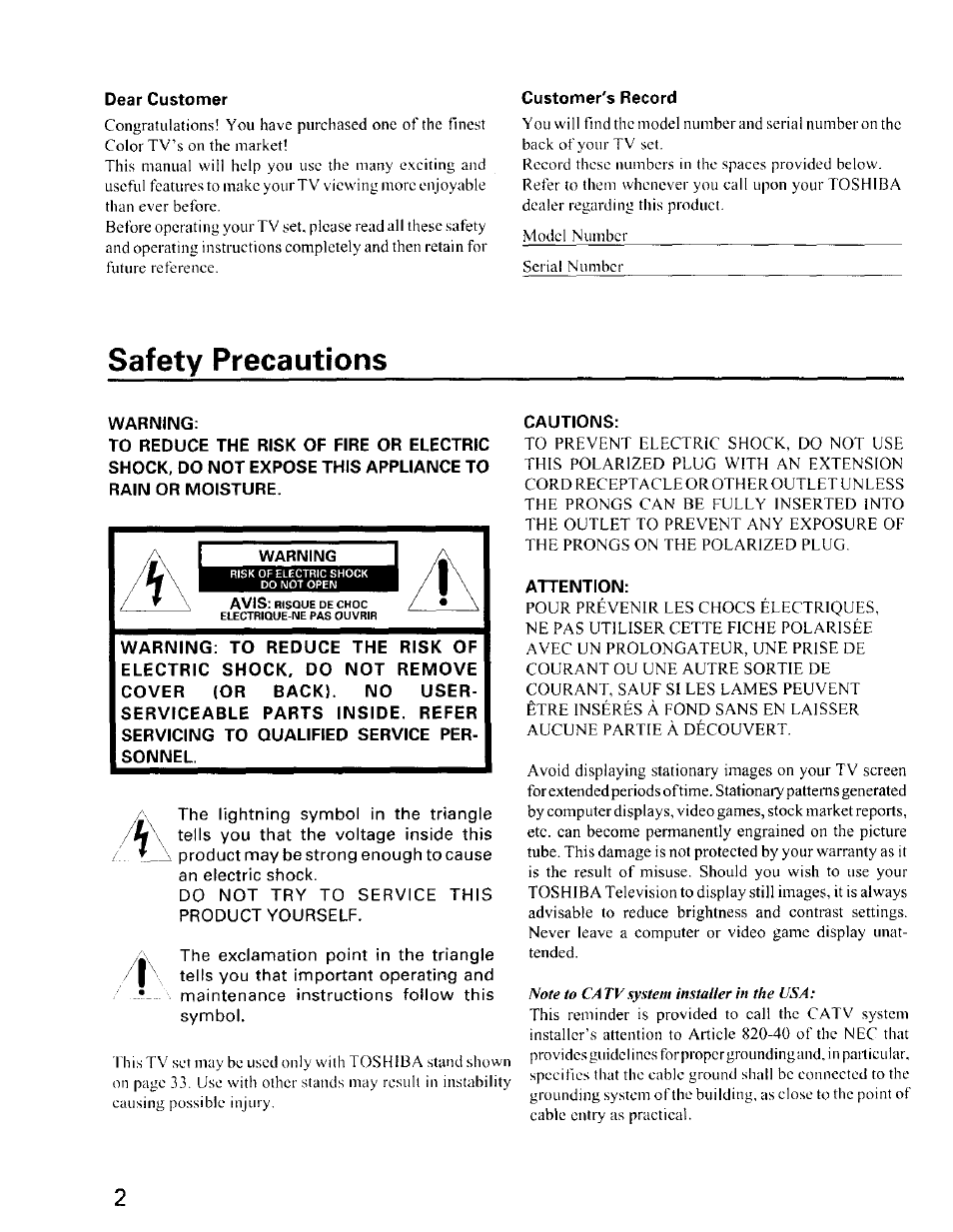 Safety precautions, Warning | Toshiba CZ 36T31 User Manual | Page 2 / 36