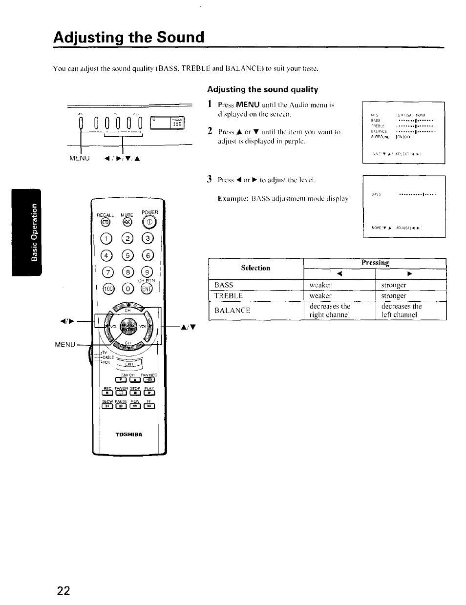 Adjusting the sound, Adjusting the sound quality | Toshiba CZ 36T31 User Manual | Page 22 / 36