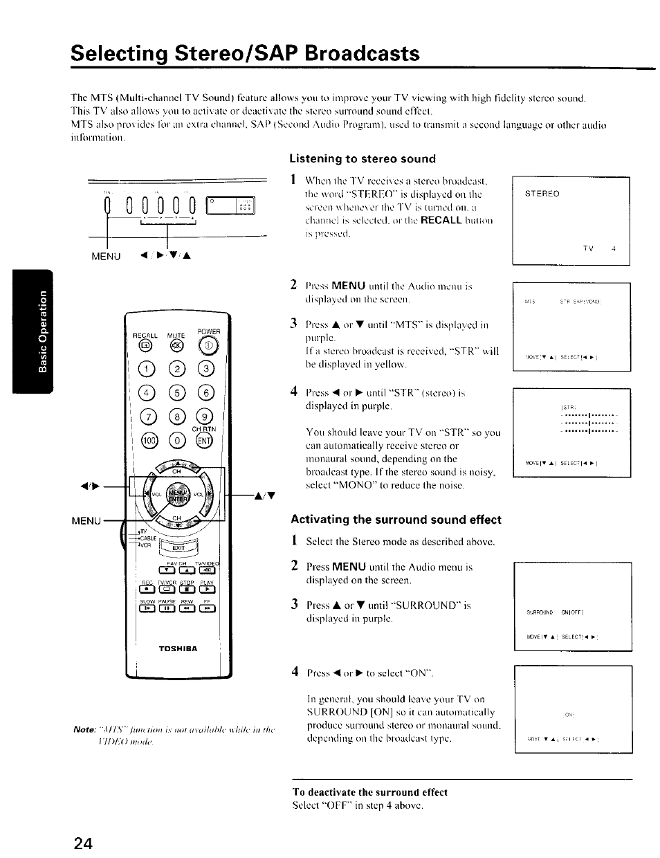 Selecting stereo/sap broadcasts, Listening to stereo sound, Activating the surround sound effect | T o deactivate the surround effect | Toshiba CZ 36T31 User Manual | Page 24 / 36