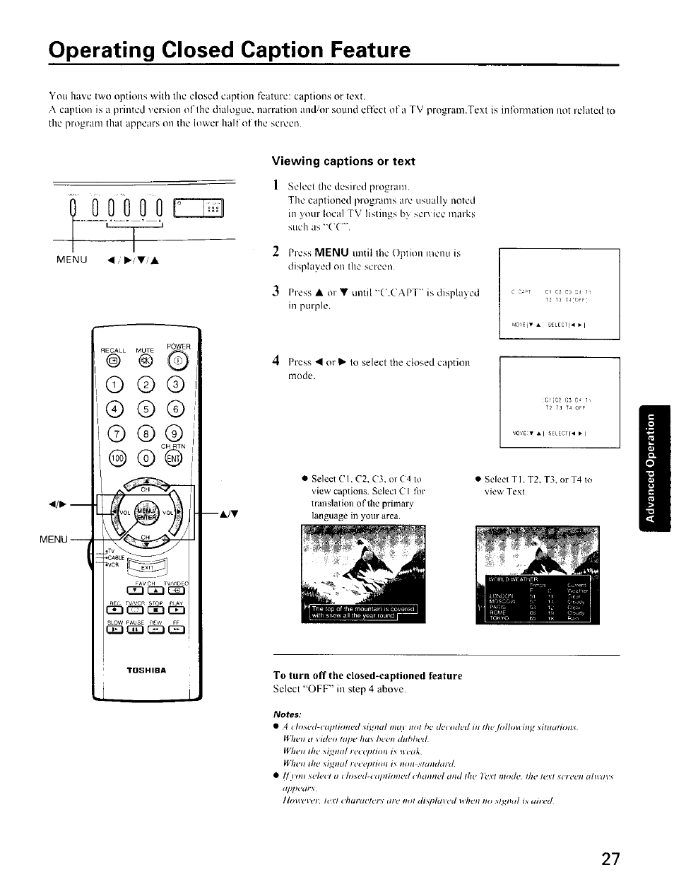 Operating closed caption feature, Viewing captions or text, To turn off the closed-captioned feature | Toshiba CZ 36T31 User Manual | Page 27 / 36