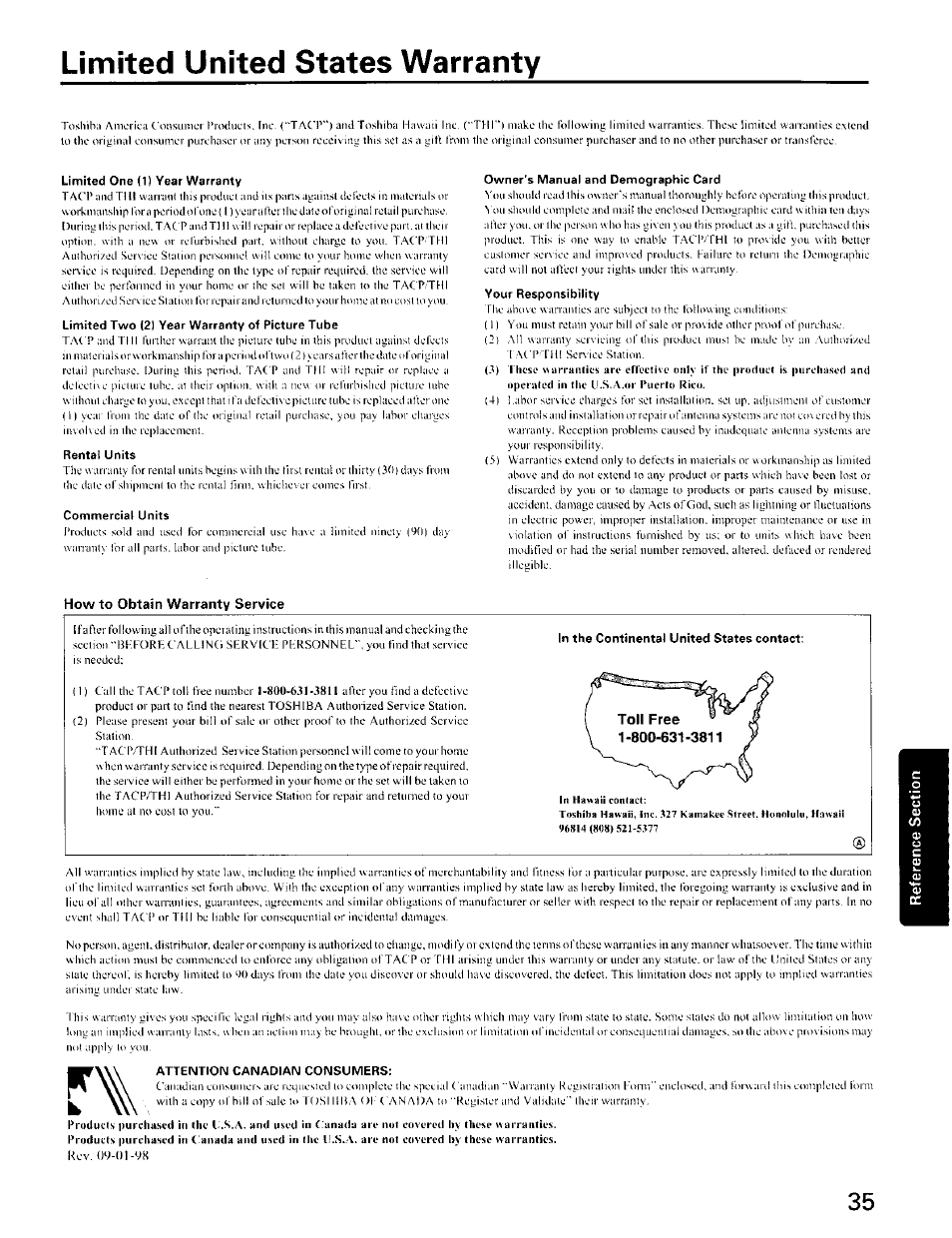 Limited united states warranty, How to obtain warranty service | Toshiba CZ 36T31 User Manual | Page 35 / 36