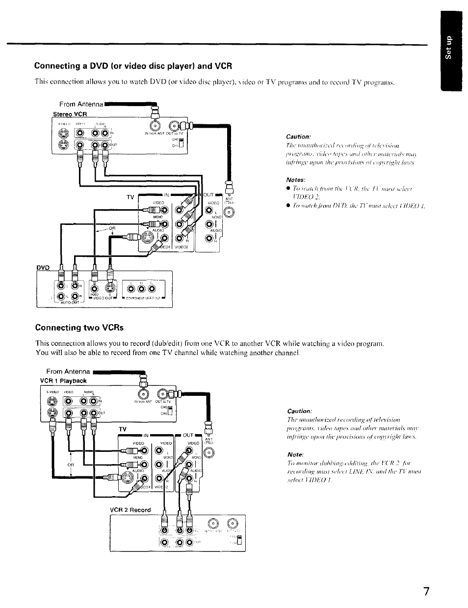 Connecting a dvd (or video disc player) and vcr, Connecting two vcrs, Connecting a dvd (or laserdisc player) and vcr | Connecting two v^crs | Toshiba CZ 36T31 User Manual | Page 7 / 36