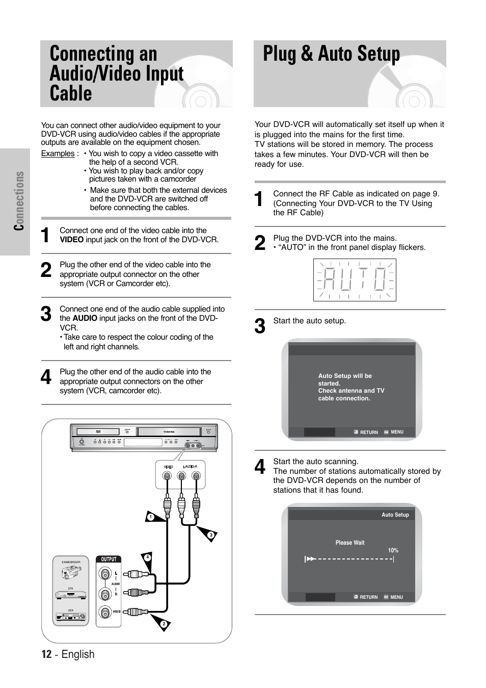 Connecting an audio/video input cable, Plug & auto setup, Connections | Toshiba SD-36VESE User Manual | Page 12 / 61