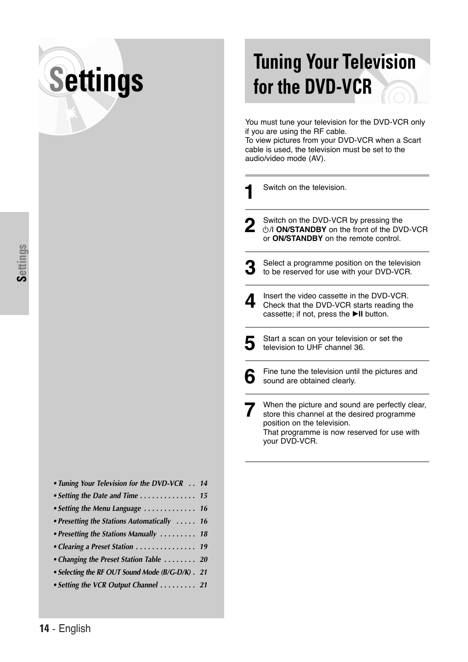 Settings, Tuning your television for the dvd-vcr | Toshiba SD-36VESE User Manual | Page 14 / 61