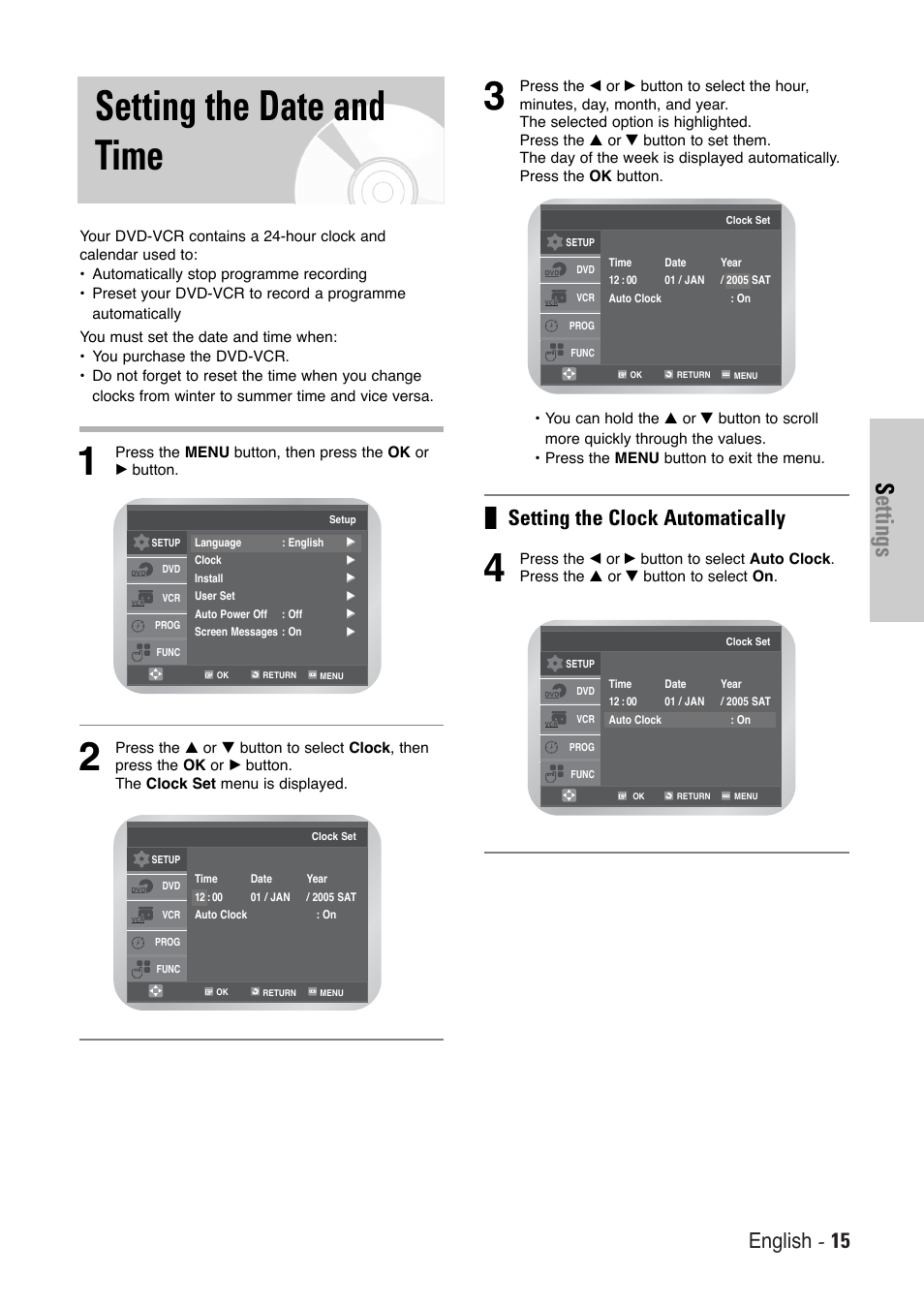 Setting the date and time, Settings, English - 15 | Setting the clock automatically | Toshiba SD-36VESE User Manual | Page 15 / 61