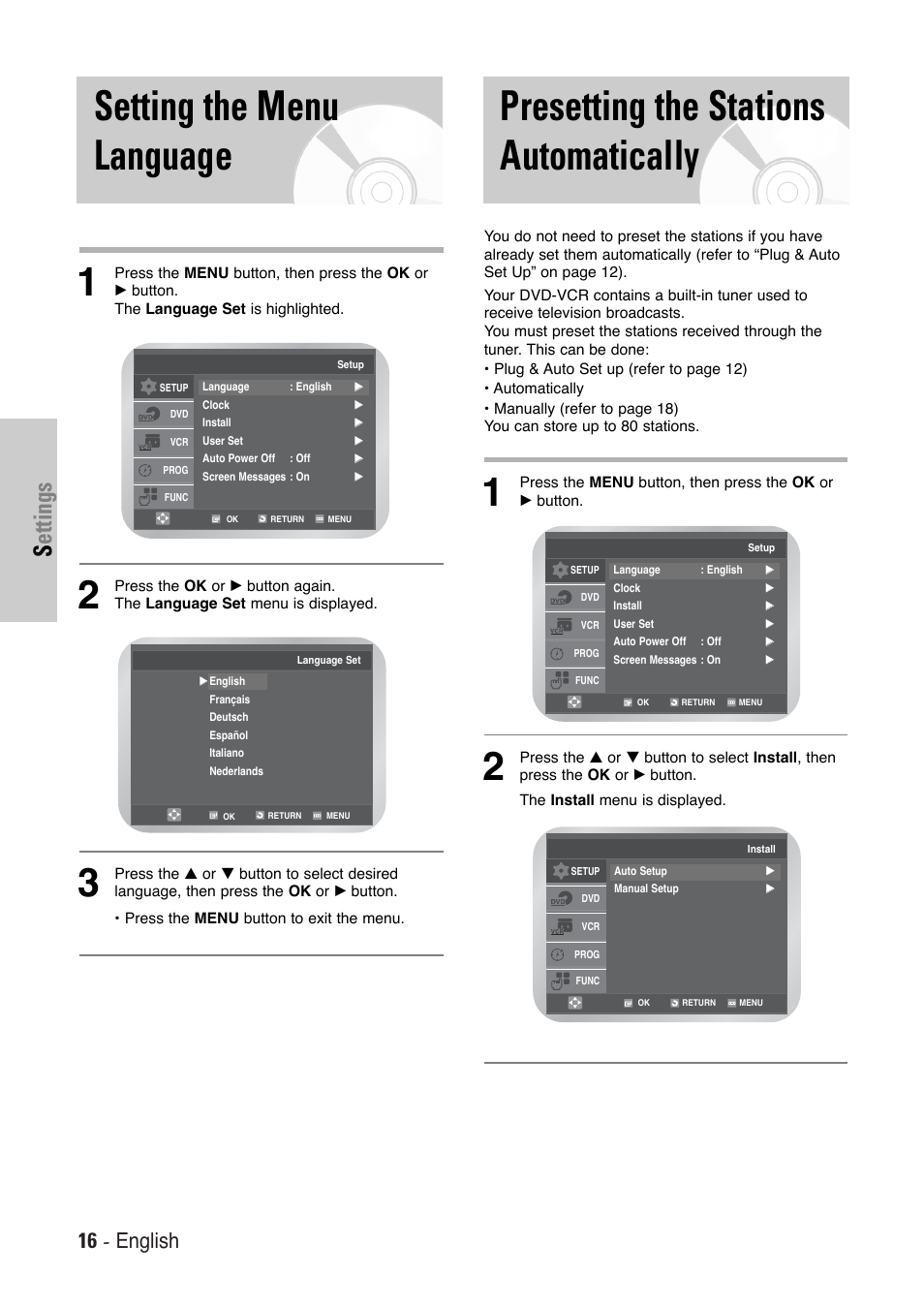 Setting the menu language, Presetting the stations automatically, Settings | 16 - english | Toshiba SD-36VESE User Manual | Page 16 / 61