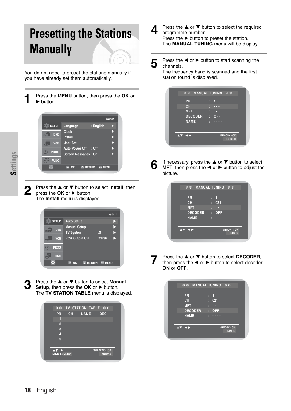 Presetting the stations manually, Settings, 18 - english | Toshiba SD-36VESE User Manual | Page 18 / 61