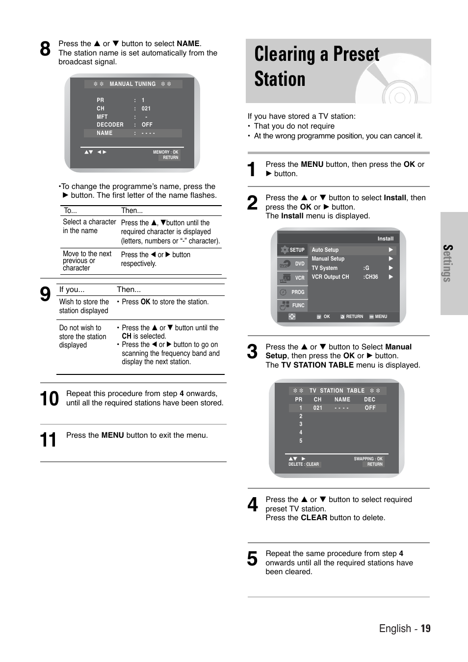 Clearing a preset station, Settings, English - 19 | Toshiba SD-36VESE User Manual | Page 19 / 61