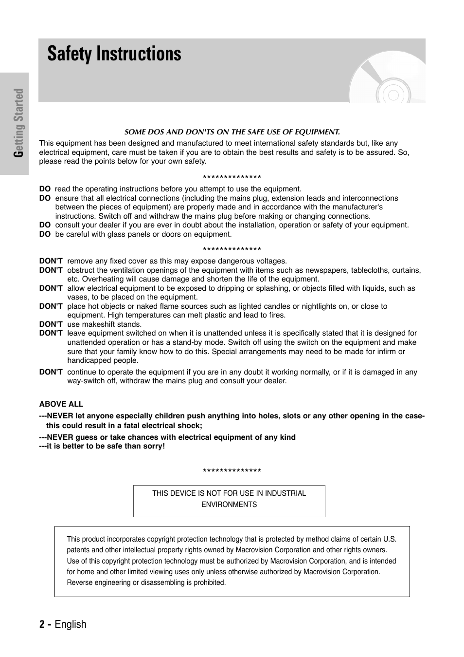 Safety instructions, Getting started, English | Toshiba SD-36VESE User Manual | Page 2 / 61