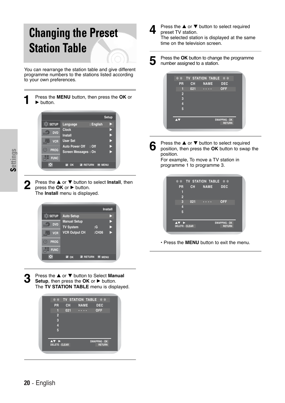 Changing the preset station table, Settings, 20 - english | Toshiba SD-36VESE User Manual | Page 20 / 61