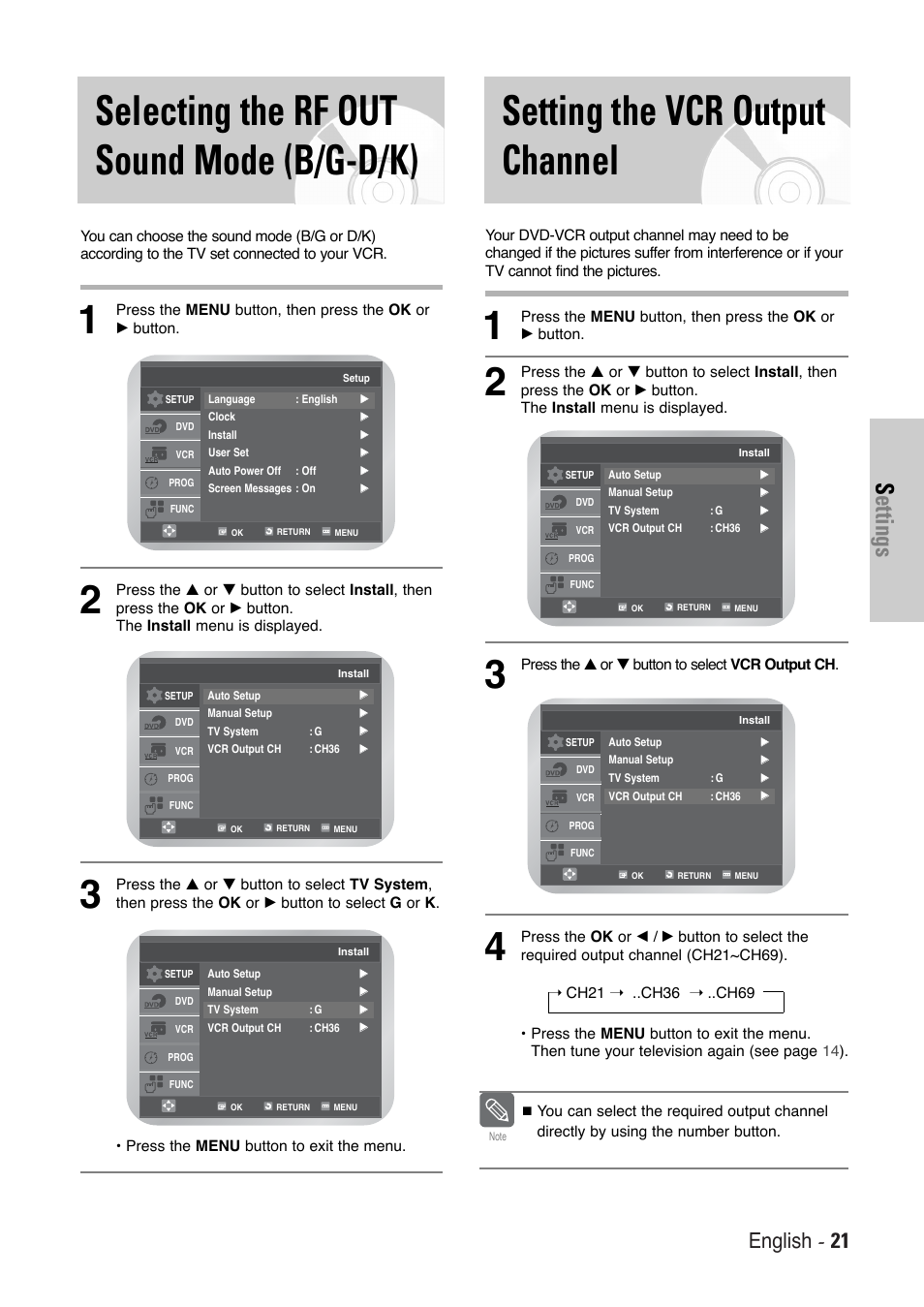 Setting the vcr output channel, Selecting the rf out sound mode (b/g-d/k), Settings | English - 21 | Toshiba SD-36VESE User Manual | Page 21 / 61