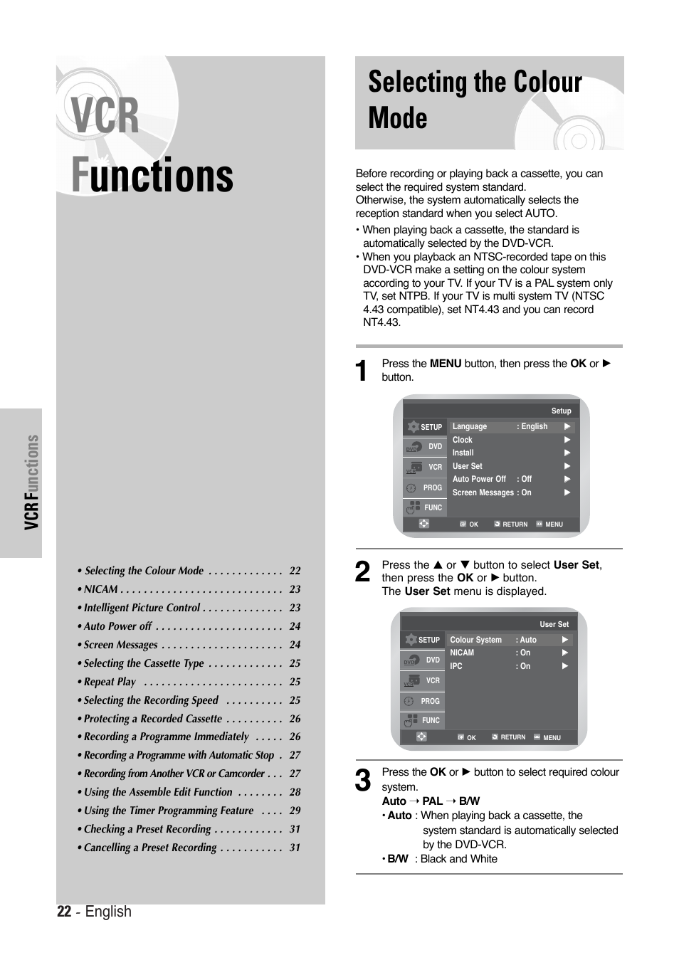 Selecting the colour mode, Vcr f unctions, 22 - english | Toshiba SD-36VESE User Manual | Page 22 / 61