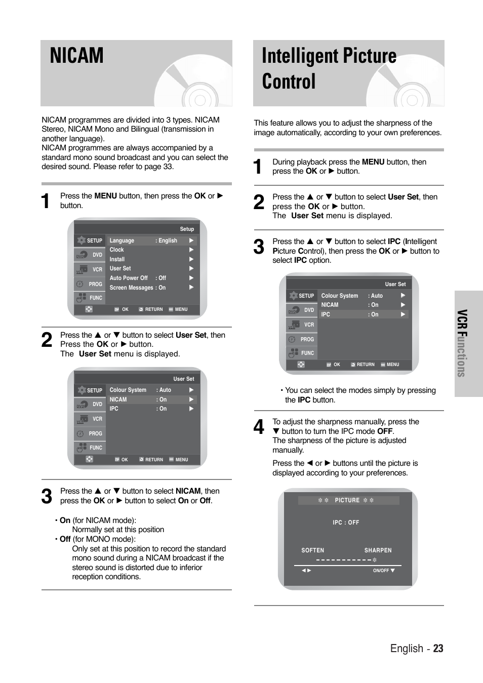 Nicam, Intelligent picture control, Vcr f unctions | English - 23 | Toshiba SD-36VESE User Manual | Page 23 / 61