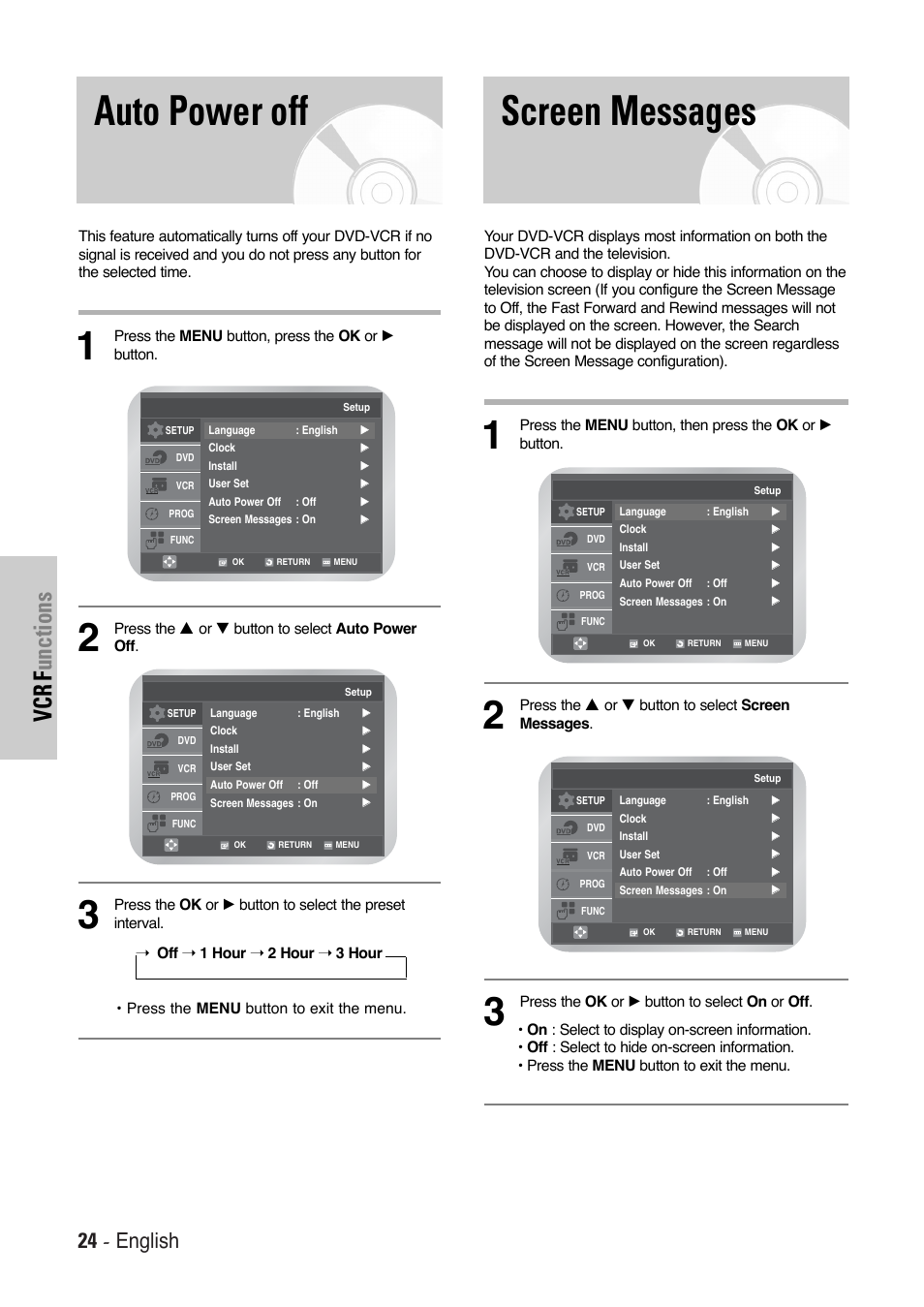 Screen messages, Auto power off, Vcr f unctions | 24 - english | Toshiba SD-36VESE User Manual | Page 24 / 61