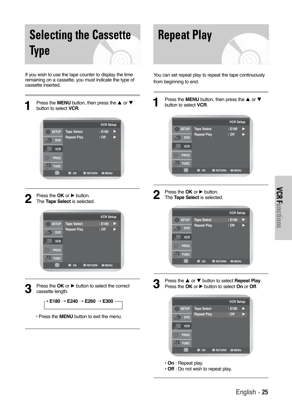 Selecting the cassette type, Repeat play, Vcr f unctions | English - 25 | Toshiba SD-36VESE User Manual | Page 25 / 61