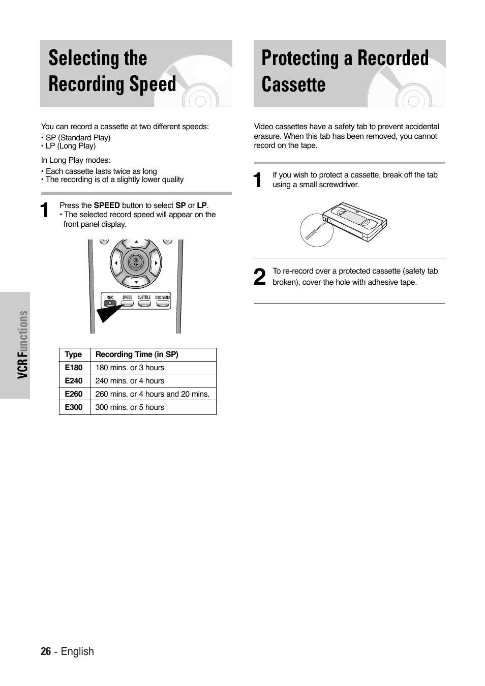 Selecting the recording speed, Protecting a recorded cassette | Toshiba SD-36VESE User Manual | Page 26 / 61