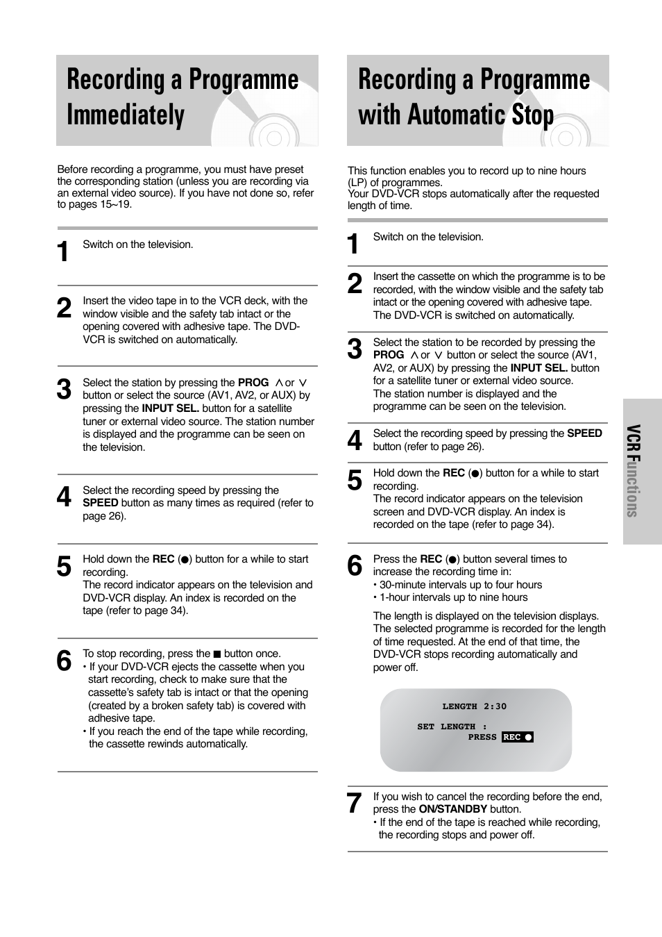 Recording a programme with automatic stop, Recording a programme immediately | Toshiba SD-36VESE User Manual | Page 27 / 61