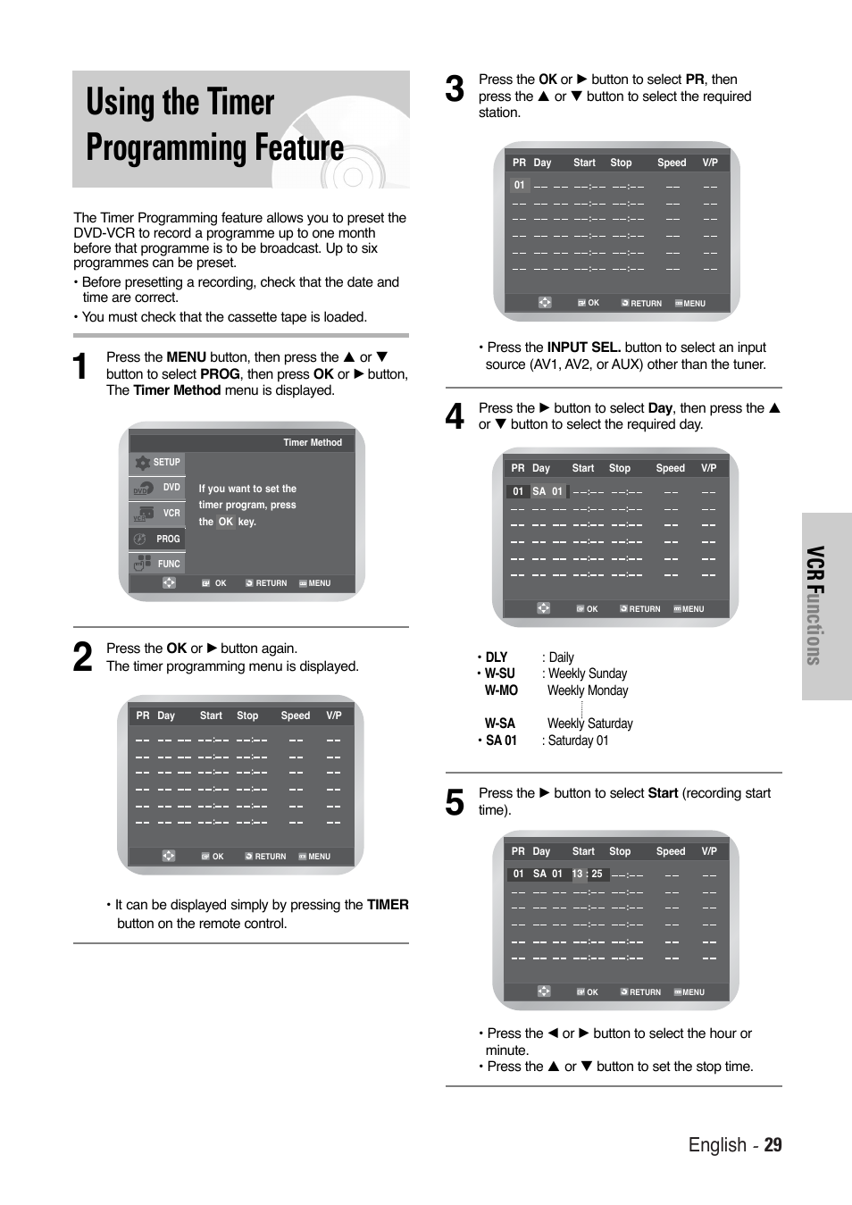 Using the timer programming feature, Vcr f unctions, English - 29 | Toshiba SD-36VESE User Manual | Page 29 / 61