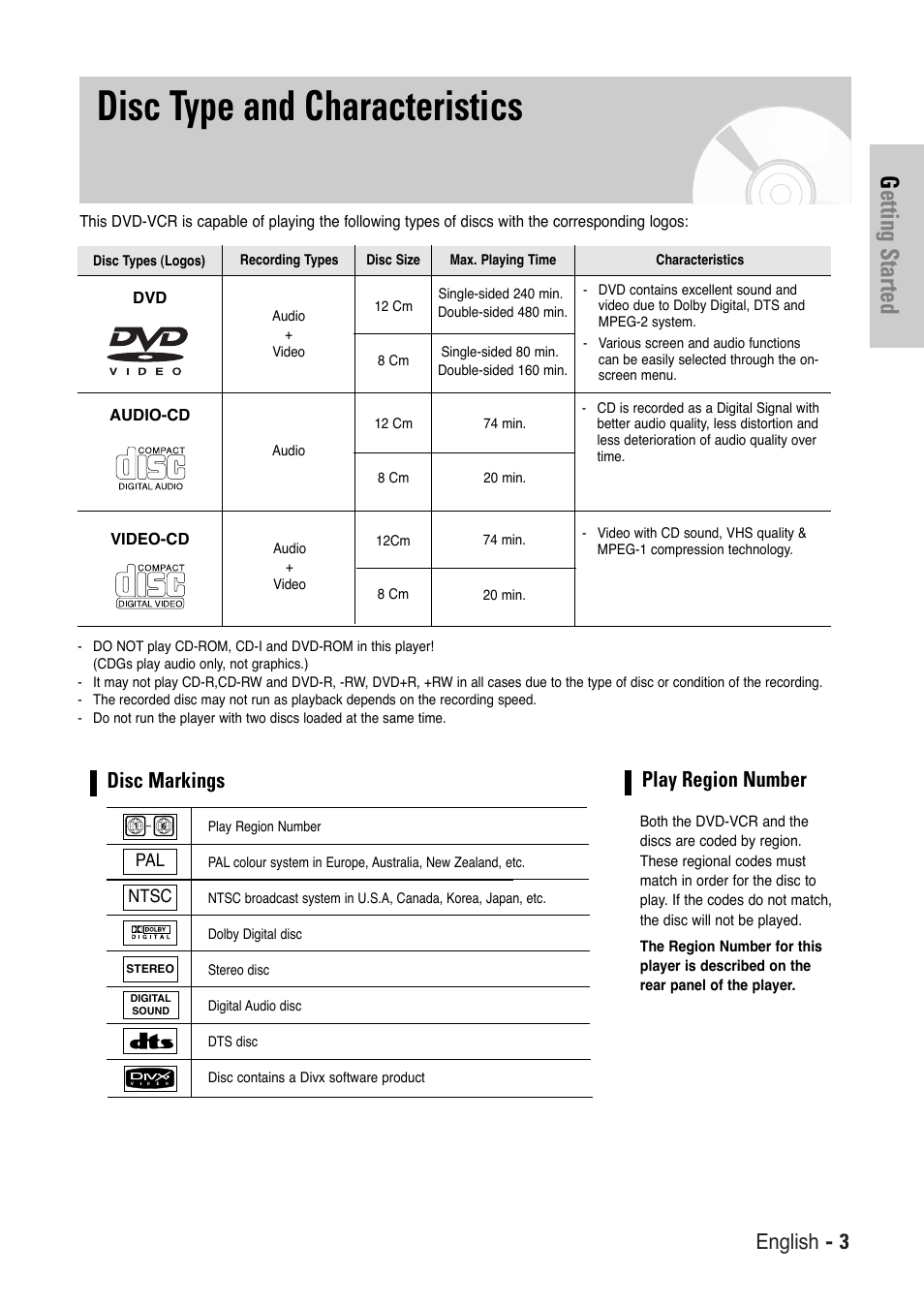 Disc type and characteristics, Getting started, English - 3 | Disc markings, Play region number | Toshiba SD-36VESE User Manual | Page 3 / 61